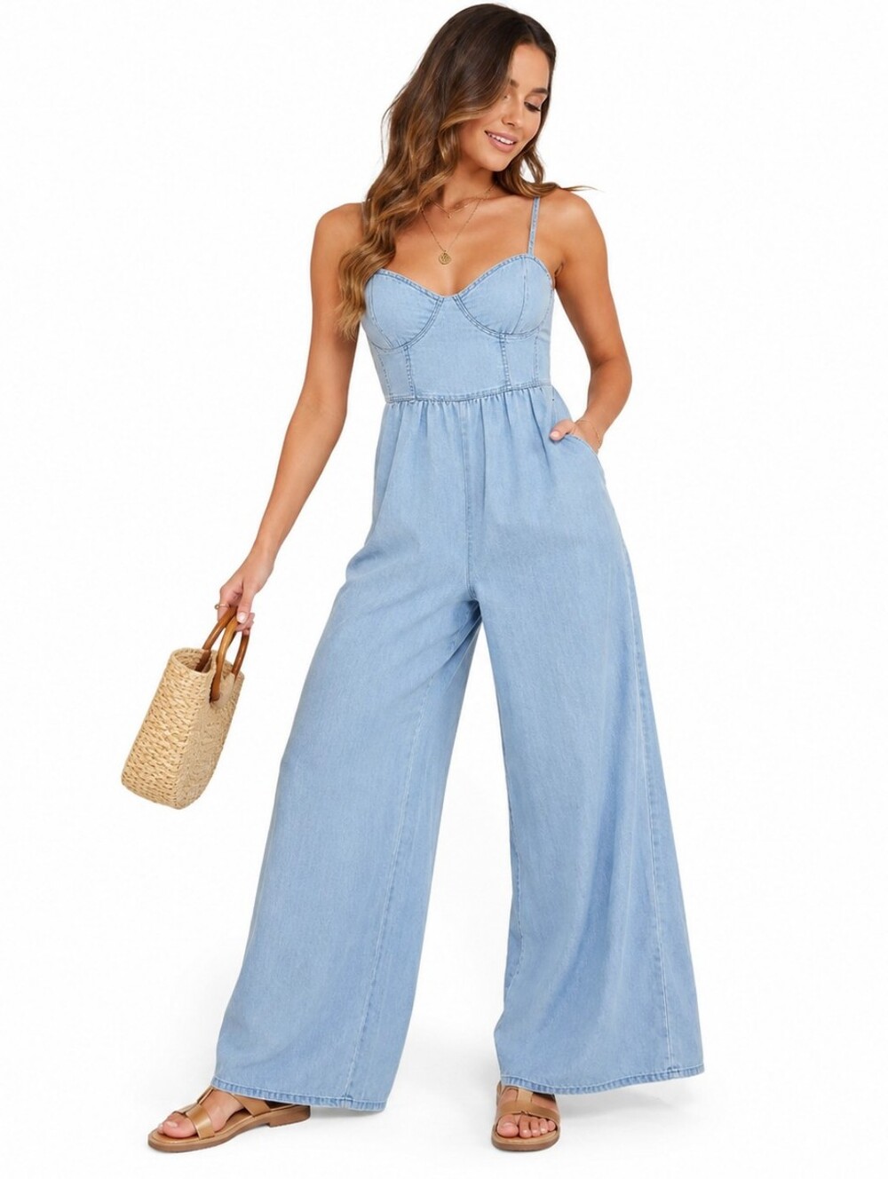 B.O.G. Collective ($145) Chambray Wide Leg Denim Jumpsuit Sleeveless Romper NWT